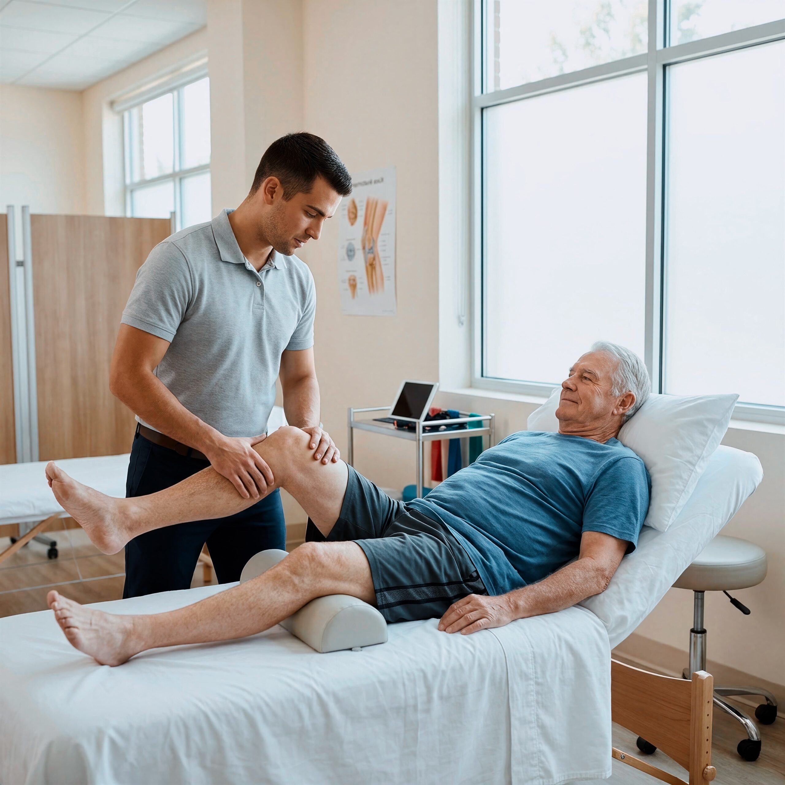 Physiotherapist assisting a patient with leg extension