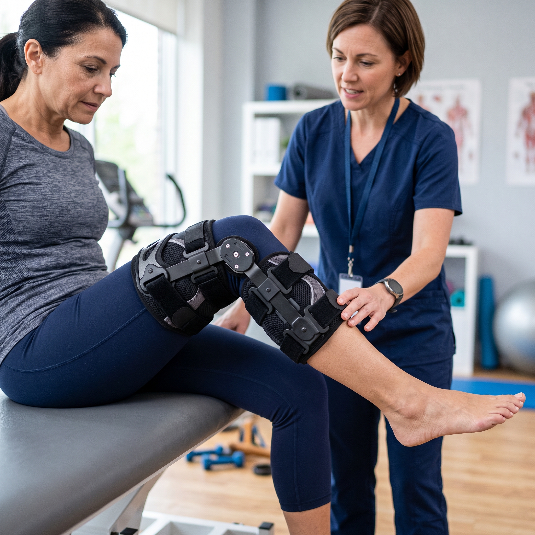 Patient getting fitted with knee brace