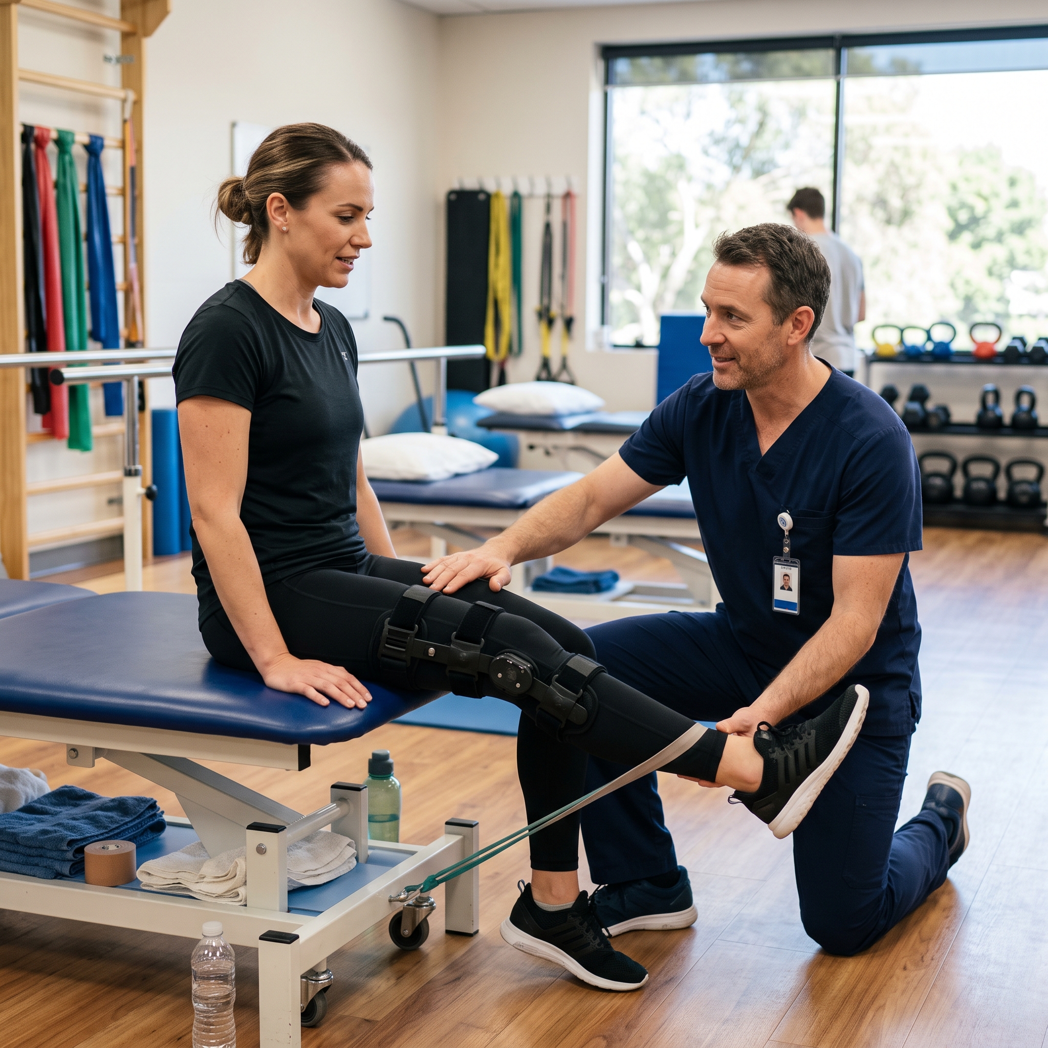 Physiotherapist supporting patient with leg brace